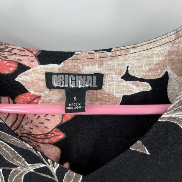 NICOLE MILLER Original Dress Size Small Floral Short Sleeve Linen Blend Black - Picture 4 of 15